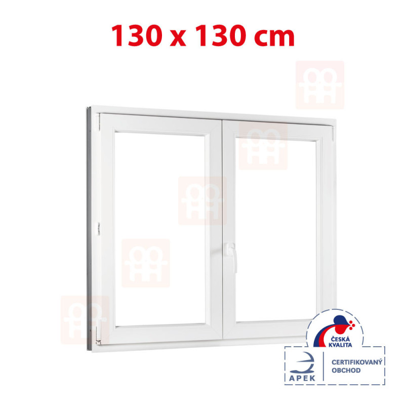 Plastové okno | 130x130 cm (1300x1300 mm) | bílé | dvoukřídlé bez sloupku (štulp) | pravé Plastové okno | 130x130 cm (1300x1300 mm) | bílé | dvoukřídlé bez sloupku (štulp) | pravé