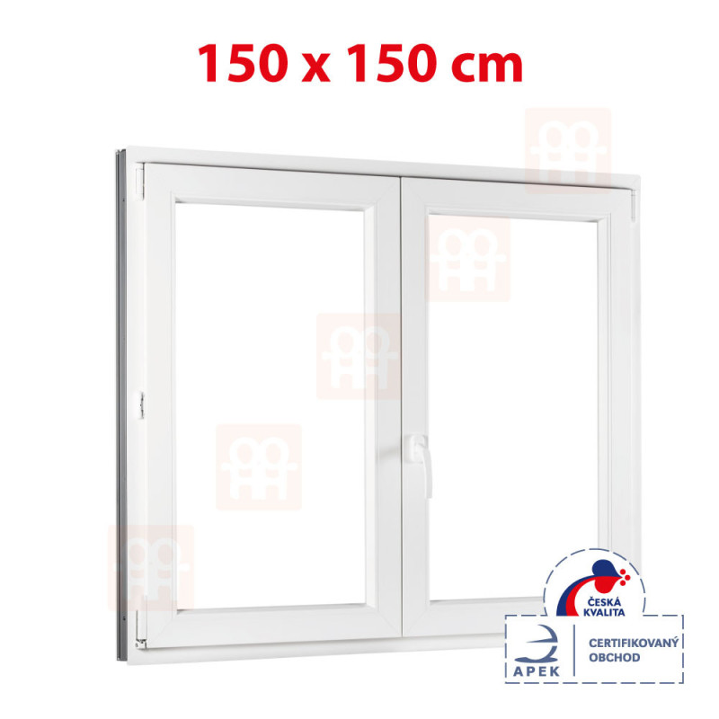 Plastové okno | 150x150 cm (1500x1500 mm) | bílé | dvoukřídlé bez sloupku (štulp) | pravé Plastové okno | 150x150 cm (1500x1500 mm) | bílé | dvoukřídlé bez sloupku (štulp) | pravé