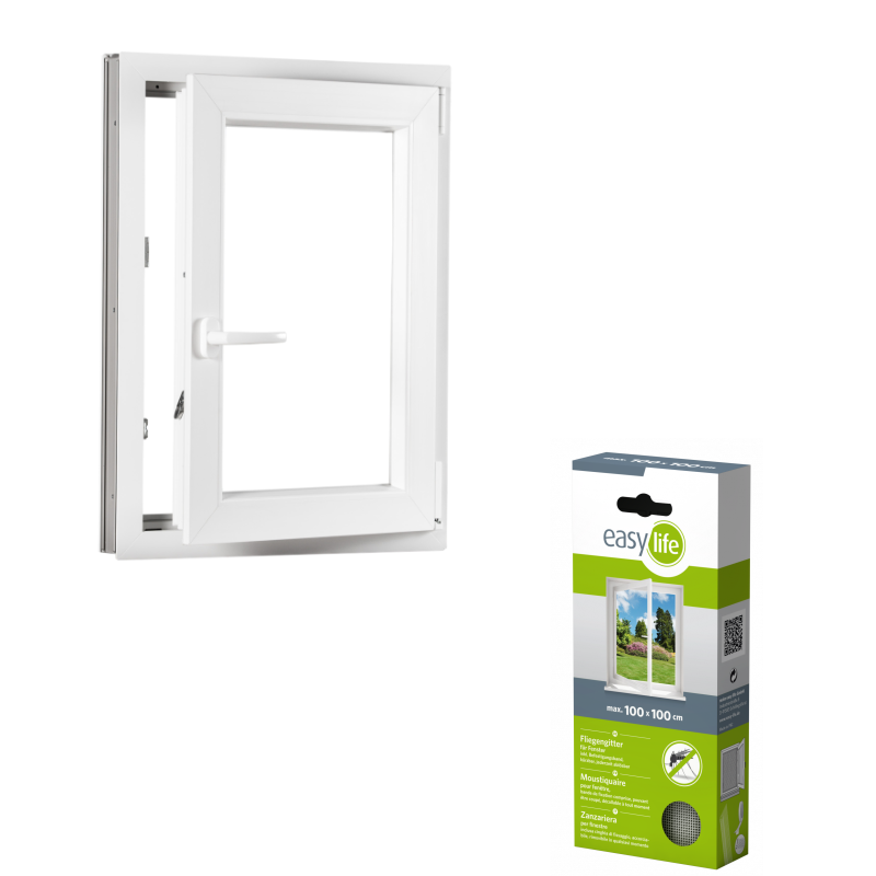 Sada plastové okno 70x90, pravé, otevíravé i sklopné, bíle + síť proti hmyzu