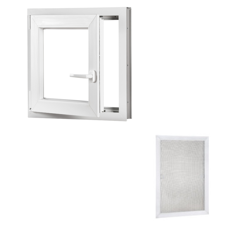 Sada plastové okno 55x55, levé, otevíravé i sklopné, bíle + hliníková síť proti hmyzu